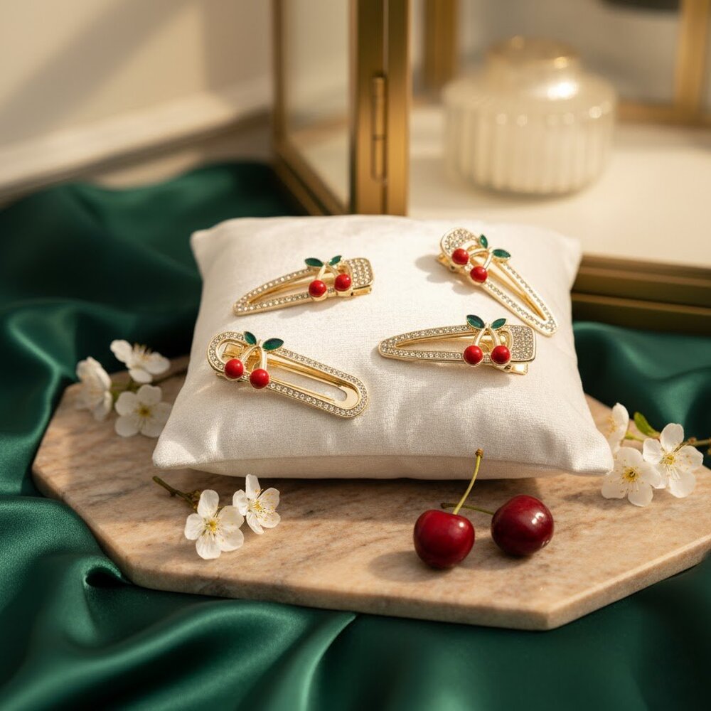 4 PIECE RHINESTONE & CHERRY DECOR HAIR CLIP SET